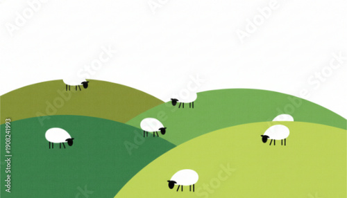 Sheep Grazing on Green Rolling Hills Minimalist Rural Landscape