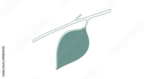 Minimalist botanical illustration of a fresh single green leaf delicately hanging from a slender branch, symbolizing new growth and natural beauty