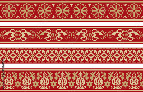 Vector endless gold and red ancient Russian ornament. Seamless Slavic border, frame. Painting of the royal chambers.