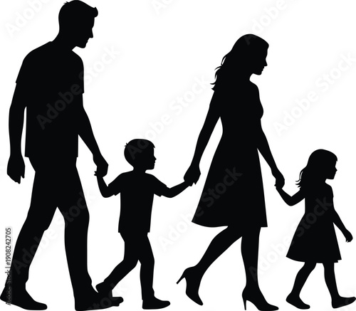 A silhouette of a family, consisting of a father, mother, a boy, and a girl, walking together side-by-side