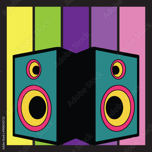 Retro Stereo Audio Speakers Illustration with Colorful Background Strips.desing