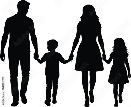 A silhouette of a family, consisting of a father, mother, a boy, and a girl, walking together side-by-side
