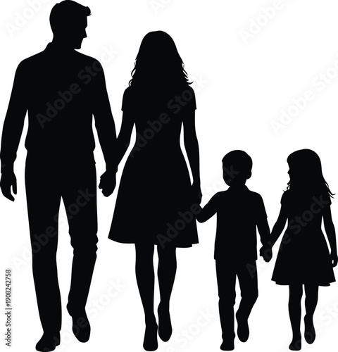 A silhouette of a family, consisting of a father, mother, a boy, and a girl, walking together side-by-side