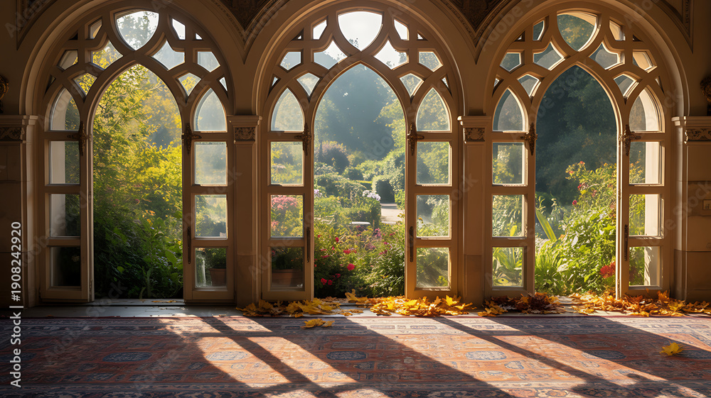 Fototapeta premium Sunlit gothic archway with stained glass and lush garden