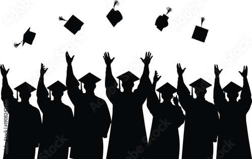 A silhouette of a group of graduating students, wearing academic caps and gowns, joyfully tossing their graduation caps into the air in celebration