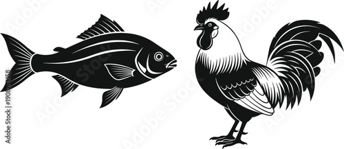 Fish and rooster silhouette illustration, black animal vector set isolated on white background for logo design