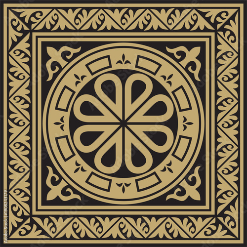 Vector gold and black square classic byzantine ornament. Rectangle, border, Ancient Greece, Eastern Roman Empire frame. Decoration of the Russian Orthodox Church