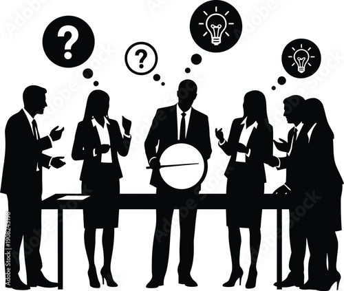 A silhouette of a small group of business professionals, male and female, standing around a table, actively engaged in a brainstorming session, discussing ideas and collaborating