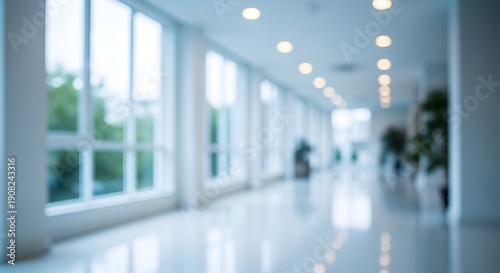 Blurry image of a long white corridor with large windows and plants