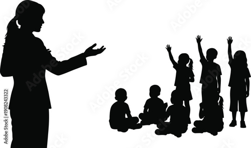 A silhouette of a teacher standing at the front of a classroom, actively engaging with a small group of students (boys and girls) who are seated or standing