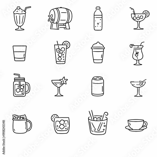 Outline beverage icons set with cocktails, coffee, water bottle, soda can, milkshake and iced drinks. Minimal bar and cafe line art collection for menu design, summer parties and apps.