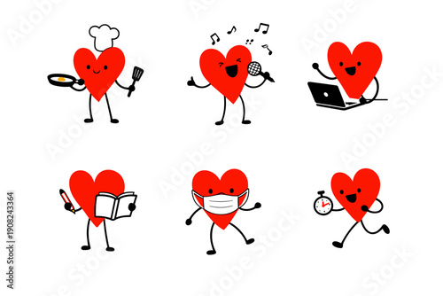 Cute red heart characters set: cooking, singing with microphone, working on laptop, studying with book, wearing medical mask, and running with stopwatch. Love and healthy lifestyle concept.