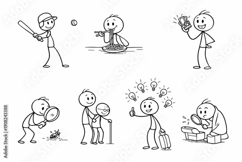 Stick figure set showing baseball swing, eating noodles, phone call, insect research with magnifier, helping senior with cane, travel ideas with suitcase, and jewelry inspection.