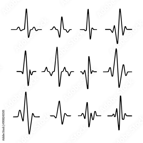 Diverse collection of electrocardiogram (ECG) heart rate pulse wave patterns, depicting various medical signals and essential biological rhythms for health monitoring concepts