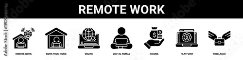 Remote Work web banner icon set collection solid style.