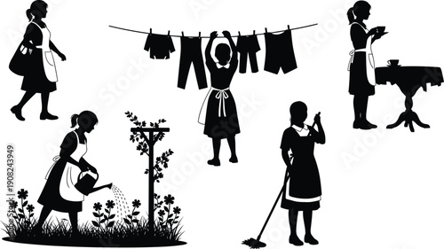 Housewife Daily Household Activities Silhouette Set, Woman Doing Cleaning, Gardening, Laundry and Tea Serving at Home Concept