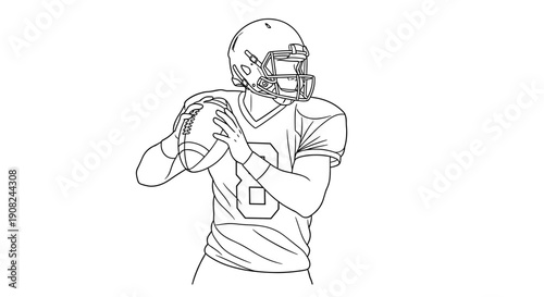 Line drawing of an American football player in full gear holding a ball and looking for a pass in a sports game.