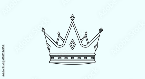 Simple black and white line drawing of a royal crown with gems and pointed tips for various design applications.