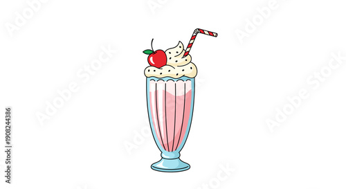 Tall glass of pink strawberry milkshake topped with whipped cream and a red cherry for a sweet dessert beverage.