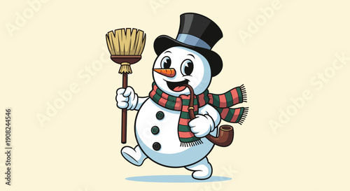 Happy cartoon snowman wearing a top hat and striped scarf holding a broom and a smoking pipe on a light cream background.