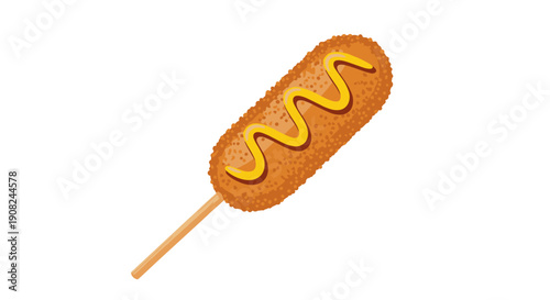 Crispy fried corn dog on a wooden stick topped with a zigzag of yellow mustard presented as a colorful flat vector illustration.