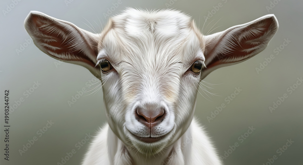 Fototapeta premium Realistic Cute Goat Close-Up Portrait — Fine Art Painterly Style with Gentle Expression, Premium Stock Image