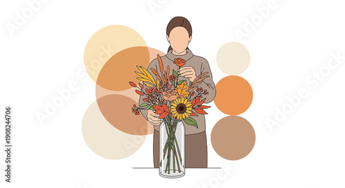 Woman Arranging Autumn Flower Bouquet with Abstract Circles, Botanical Illustration