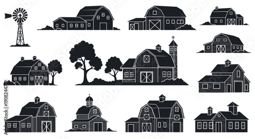 Collection of various barn and farm building silhouettes including a windmill and trees presented in solid black on a white background.