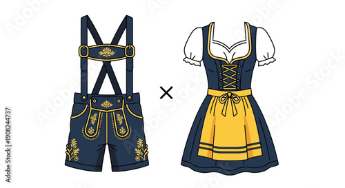 Traditional Bavarian clothing featuring blue lederhosen with yellow embroidery and matching dirndl dress on white background.