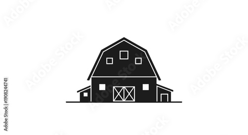 Minimalist black silhouette of a traditional farm barn building icon isolated on white background for agriculture concepts.