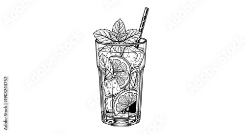 Hand drawn black and white ink sketch of a refreshing mojito cocktail glass with mint leaves lime slices and ice cubes.