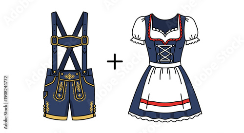 Traditional Bavarian outfits shown as a set with blue embroidered lederhosen and a matching dirndl dress with white apron.