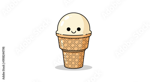 Cute cartoon ice cream cone character with a happy smiling face and a single scoop of vanilla on a waffle cone background.