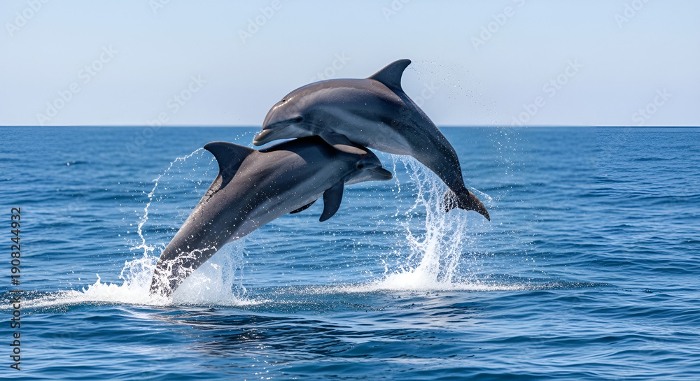Fototapeta premium Two dolphins leaping together from blue ocean with water splash, wild marine animals, freedom, dynamic motion, open sea nature scene.