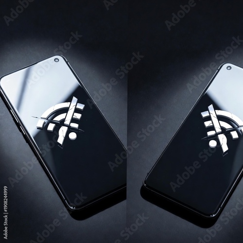 Modern smartphones with 'no signal' icons on screens, set on a dark reflective surface, symbolizing lost digital connectivity, internet disconnection, and communication interruption