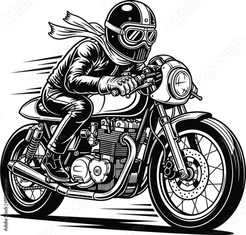 Vintage cafe racer motorcycle with rider in helmet and flowing scarf black and white illustration.
