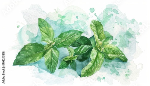Fresh mint leaves splashed with watercolor art creating a vibrant green aesthetic for natural wellness and culinary inspiration