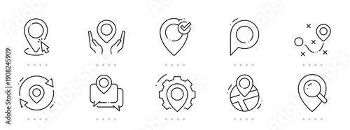 Location line icons featuring map pins, markers, navigation, GPS tracking, routes, destinations, globe, smartphone app elements; clean outline, editable stroke
