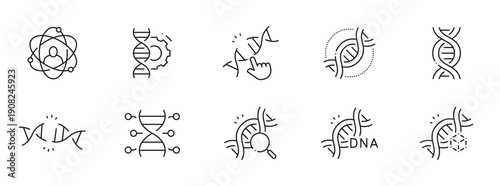 Clean outline vector icon set for genetics: DNA, genome, chromosomes, sequencing, CRISPR, research, laboratory analysis, biotech, editable stroke, biology, medicine