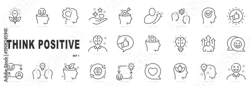 Outline think positive icon set focused on mindset, mental health, motivation, wellbeing, psychology concepts, editable stroke, minimal modern line style.