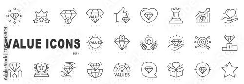 Outline value icon set symbolizing business values, quality, trust, growth, and achievement, featuring premium diamond metaphors with clean editable stroke line design.