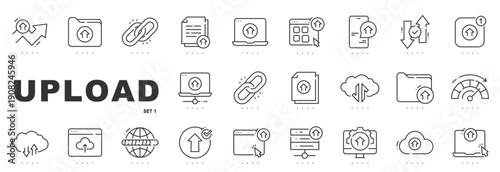 Outline upload icon set featuring file upload, cloud storage, data transfer, synchronization, and interface actions, designed with editable stroke for modern web and app user interfaces.