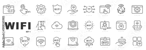 Outline wifi icon set for wireless internet, network connectivity, router security, cloud access, editable stroke line style for UI design