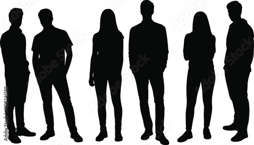 Group of Six People Silhouettes Standing in Casual Poses vector illustration