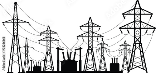 High Voltage Power Lines and Electrical Substations Silhouetted Against White vector