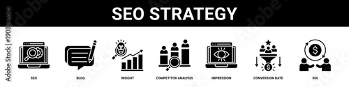 Seo Strategy web banner icon set collection solid style.