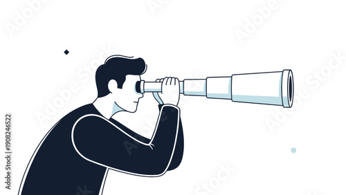 Curious man peering through a large telescope, symbolizing exploration, discovery, and future vision, perfect for concepts related to research, science, and foresight.