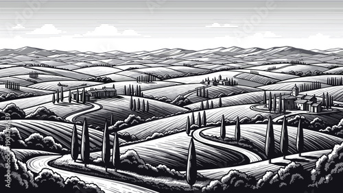 Beautiful monochromatic landscape illustration showcasing rolling hills, winding roads, traditional houses, and cypress trees, capturing the essence of a Tuscan countryside.