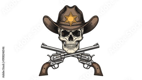 Edgy illustration of a detailed skull wearing a cowboy sheriff hat with a star badge, crossed with two vintage revolvers, a classic Western emblem.