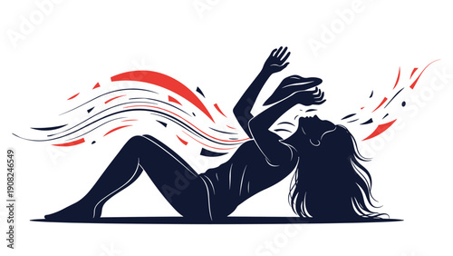 Silhouette of a woman lying down with hands raised, surrounded by flowing, abstract red and black energy lines, representing emotional release or creative inspiration.